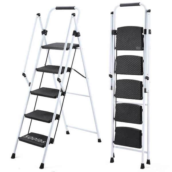 Unbranded Lightweight Step Stool, 5-Step Steel Portable Folding Step Ladder with Wide Anti-Slip Pedals and and Safety Handle