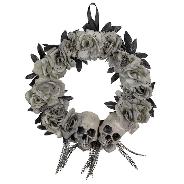 16 in. Double Skull and Gray Roses Halloween Wreath-Unlit