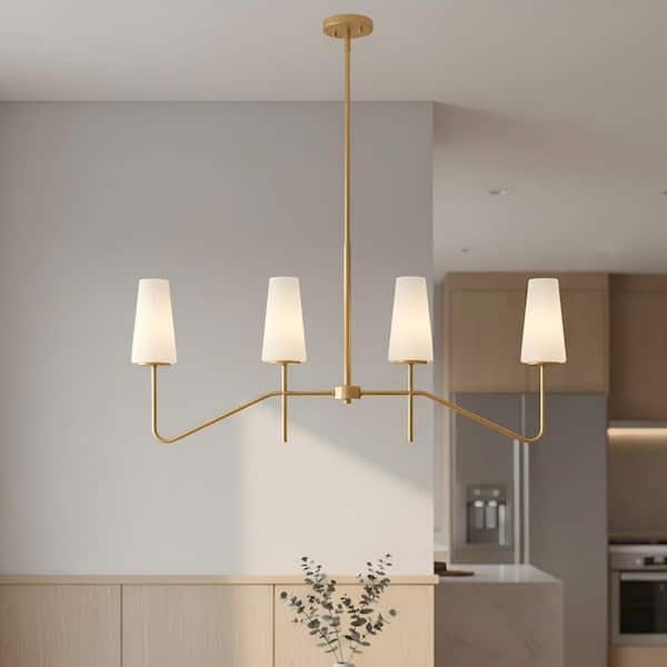 4 Light Gold Island Pendant Light with Frosted Opal Ribbed Glass Shade