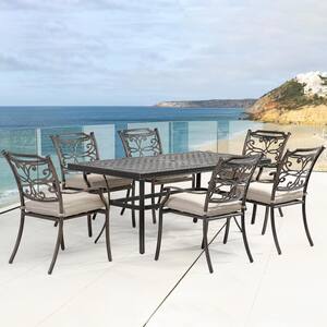 Charcoal Gray Stackable Chair Cast Aluminum Flower-Shaped Backrest Outdoor Dining Chair with Beige Cushions (Set of 6)
