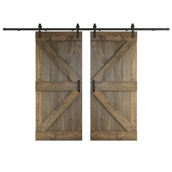 COAST SEQUOIA INC K Series 72 in. x 84 in. Smoky Gray DIY Knotty Wood Double Sliding Barn Door with Hardware Kit