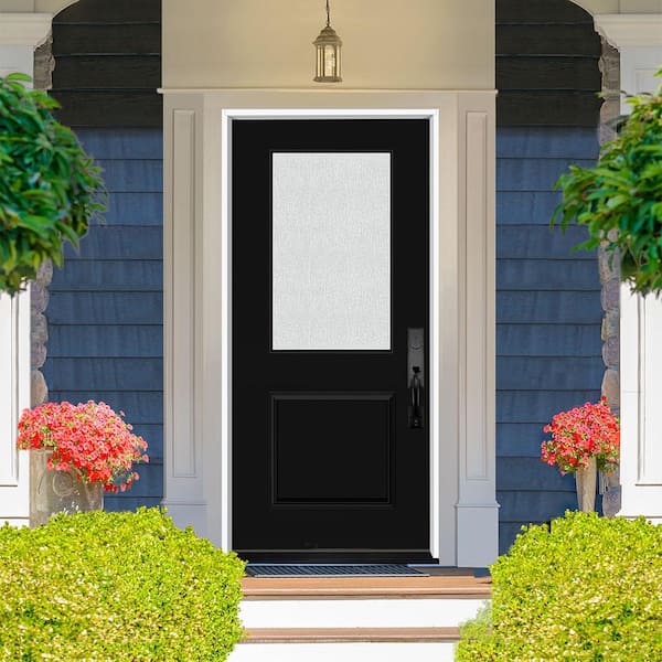 Legacy 36 in. W x 80 in. 1/2 Lite Rain Glass LHIS Primed Black Finish Fiberglass Prehung Front Door