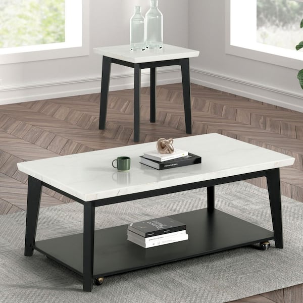 Furniture of America Dames 48 in. White/Black Rectangle Marble Top Coffee Table With Caster Wheels