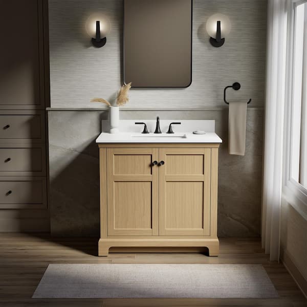 Baskin 36 in. Single Sink Light Oak Bath Vanity with Bianco Bella Quartz Top