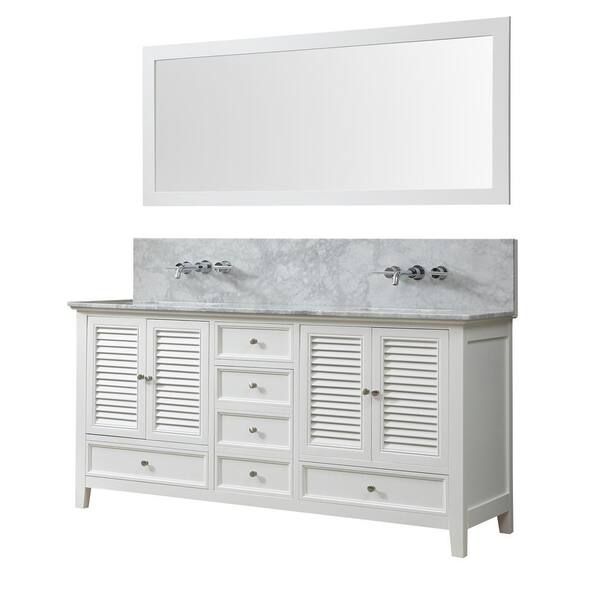 Direct vanity sink Shutter Premium 72 in. W Bath Vanity in White with Carrara White Marble Vanity Top with White Basins and Mirror
