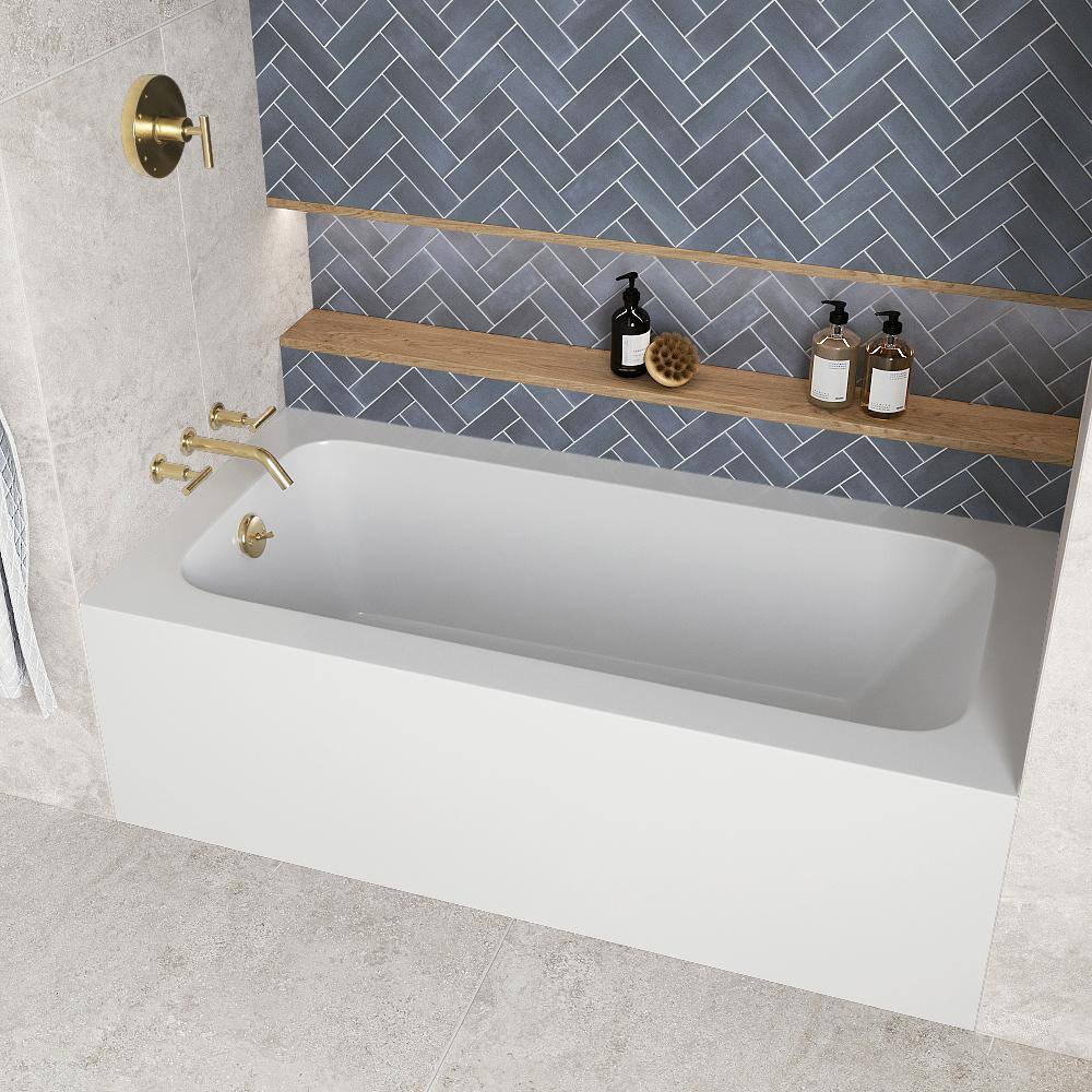 60-Inch Glossy White Acrylic Alcove Bathtub with Polished Brass Drain