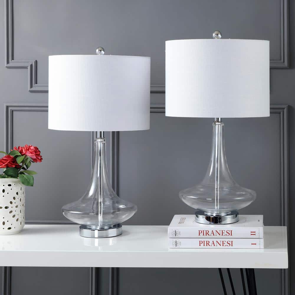 Cecile 25.5" Clear Glass Teardrop LED Table Lamp Set with Linen Shade