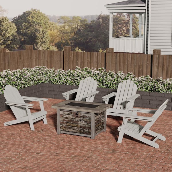 CASAINC 43.5 in. 5-Piece Metal Patio Fire Pit Set Fire Pit Table and White Adirondack Chairs with Cup Holder and Umbrella Holder