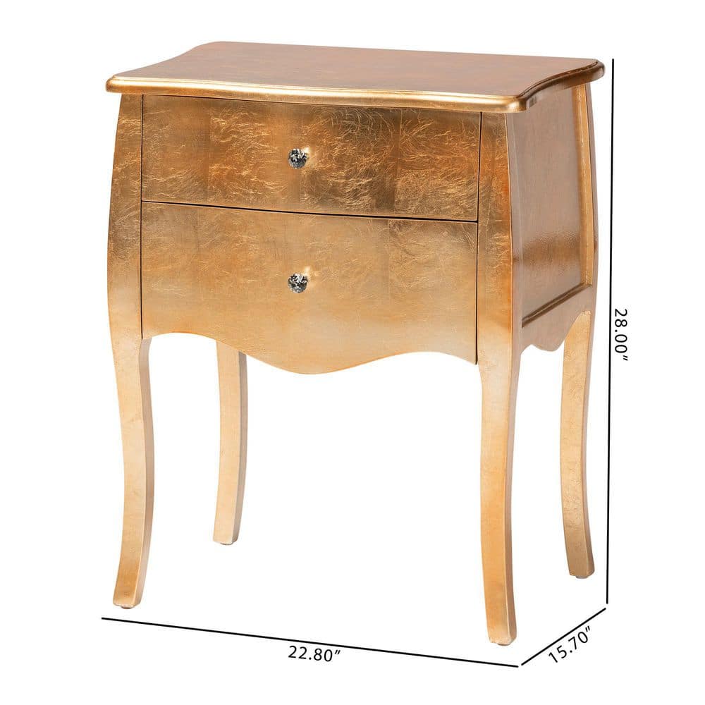Gold Finished Wood 2-Drawer Nightstand with Faux Crystal Knobs