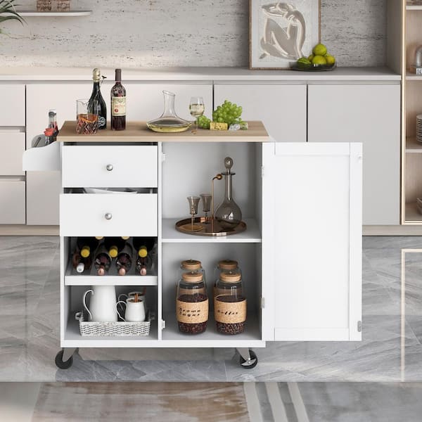 Zeus & Ruta White Kitchen Cart on 4 Wheels with 2-Drawers and 3 Open Shelves Kitchen Island with Rubber Wood top for Dinning Room