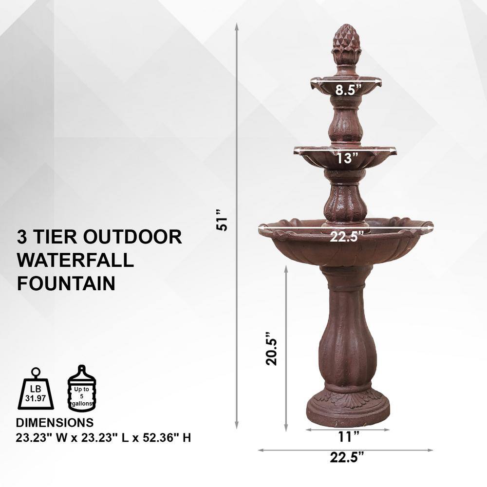 52 Inch Tall Brown 3-Tier Freestanding Waterfall Fountain