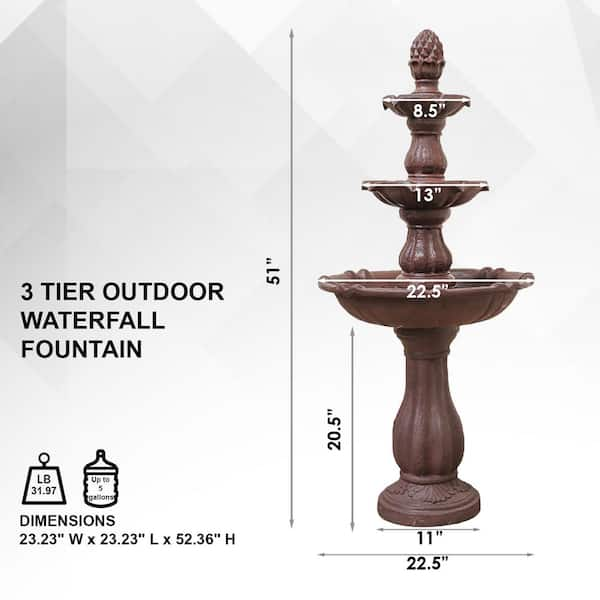 52 in. Tall 3-Tier Freestanding Waterfall Fountain, Outdoor Garden, Yard, Lawn, Porch Decor, Brown