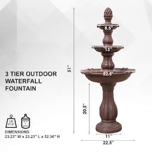 52 in. Tall 3-Tier Freestanding Waterfall Fountain, Outdoor Garden, Yard, Lawn, Porch Decor, Brown