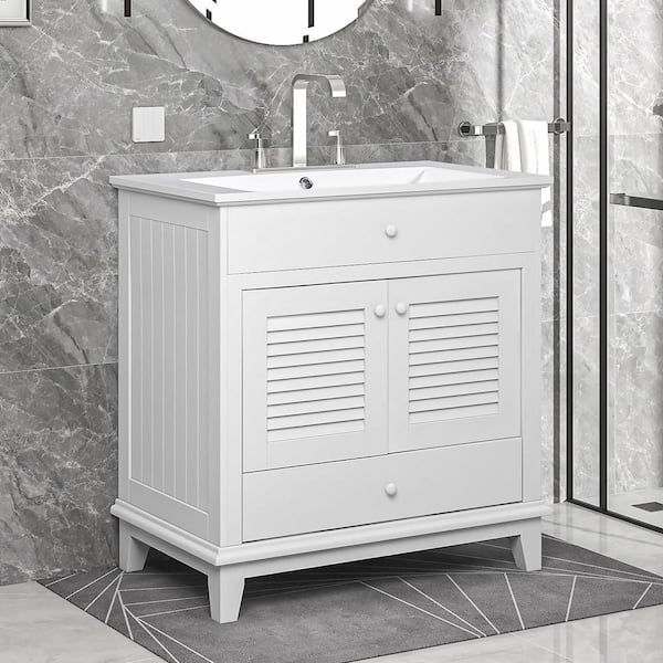 30 in. W x 18 in. D x 31 in. H Single Sink Freestanding Bath Vanity in White with White Ceramic Top and Basin
