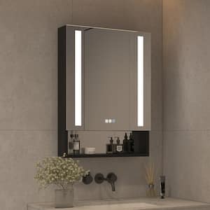 24.01 in. W x 32 in. H Rectangular Black Aluminum Recessed/Surface Mount Medicine Cabinet with Mirror LED and Open Shelf