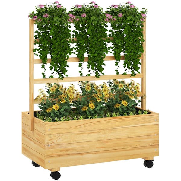34.6in. L x 18.9in. W x 41.7in. H Raised Garden Bed with Trellis and Wheels Outdoor Wooden Elevated Planter Box, Natural