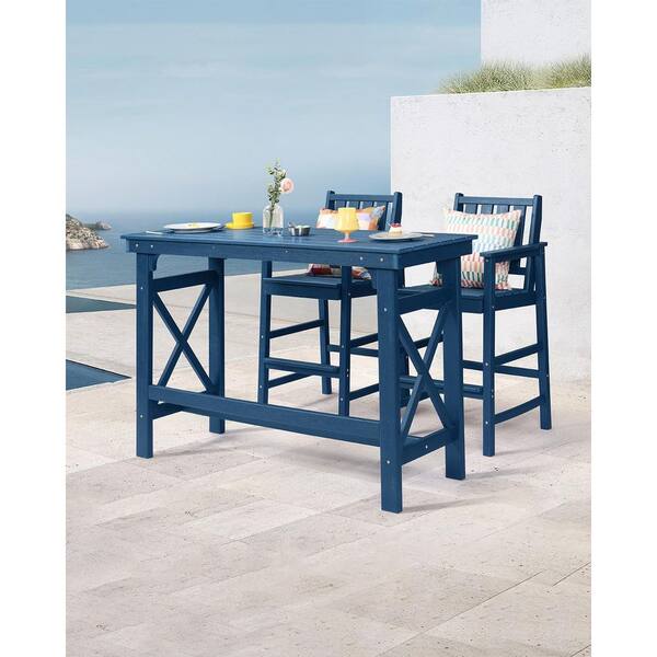 Blue 3-Piece Adirondack Chairs and Table Set Outdoor Serving Bar Set Plastic Patio Bar Set with 2 Chairs and 1 Table
