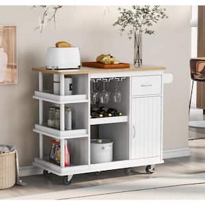 Brown Solid Wood Top 40 in. White Kitchen Island Cart with Side Storage Shelves, Wine Glass Holder and Wine Rack