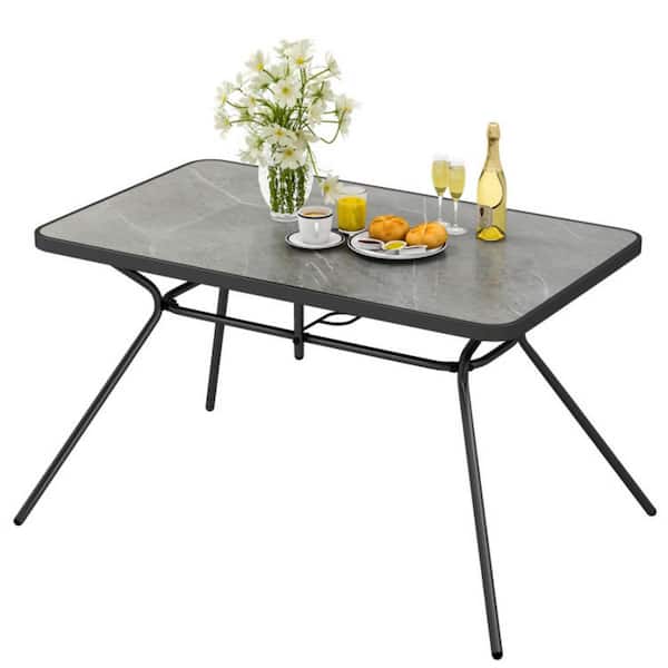 49 in. W Patio Dining Table Metal Frame Outdoor Rectangle Table with with Umbrella Hole for Balcony, Deck or Porch