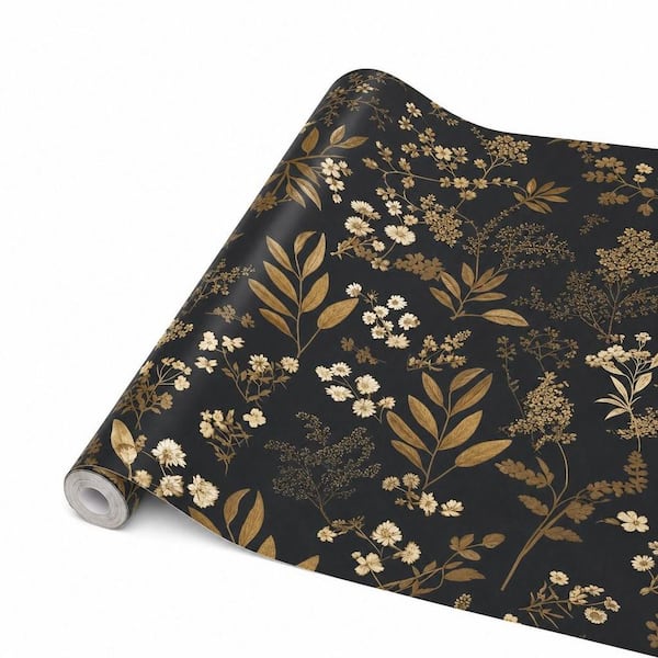 Boho Floral Peel and Stick Wallpaper, 17.5 in. W x 393 in. D x 0.03 in. H, Black Finish Waterproof Vinyl Contact Paper