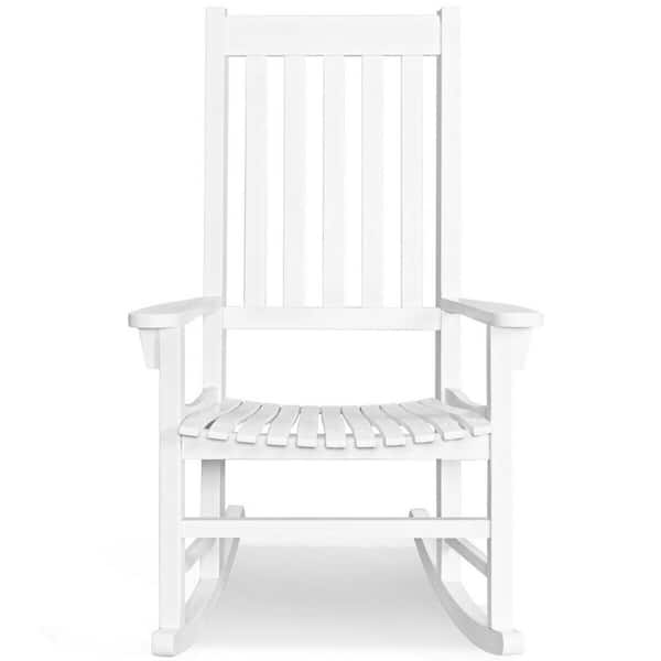 FORCLOVER White Wood High Back Wooden Outdoor Rocking Chair for Patio Deck