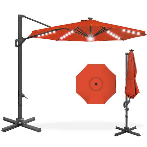 Best Choice Products 10 ft. 360-Degree Solar LED Cantilever Patio Umbrella, Outdoor Hanging Shade with Lights - Rust