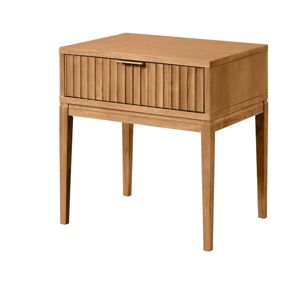 Natural Brown Fluted Wood Nightstand Set with Brass Handles