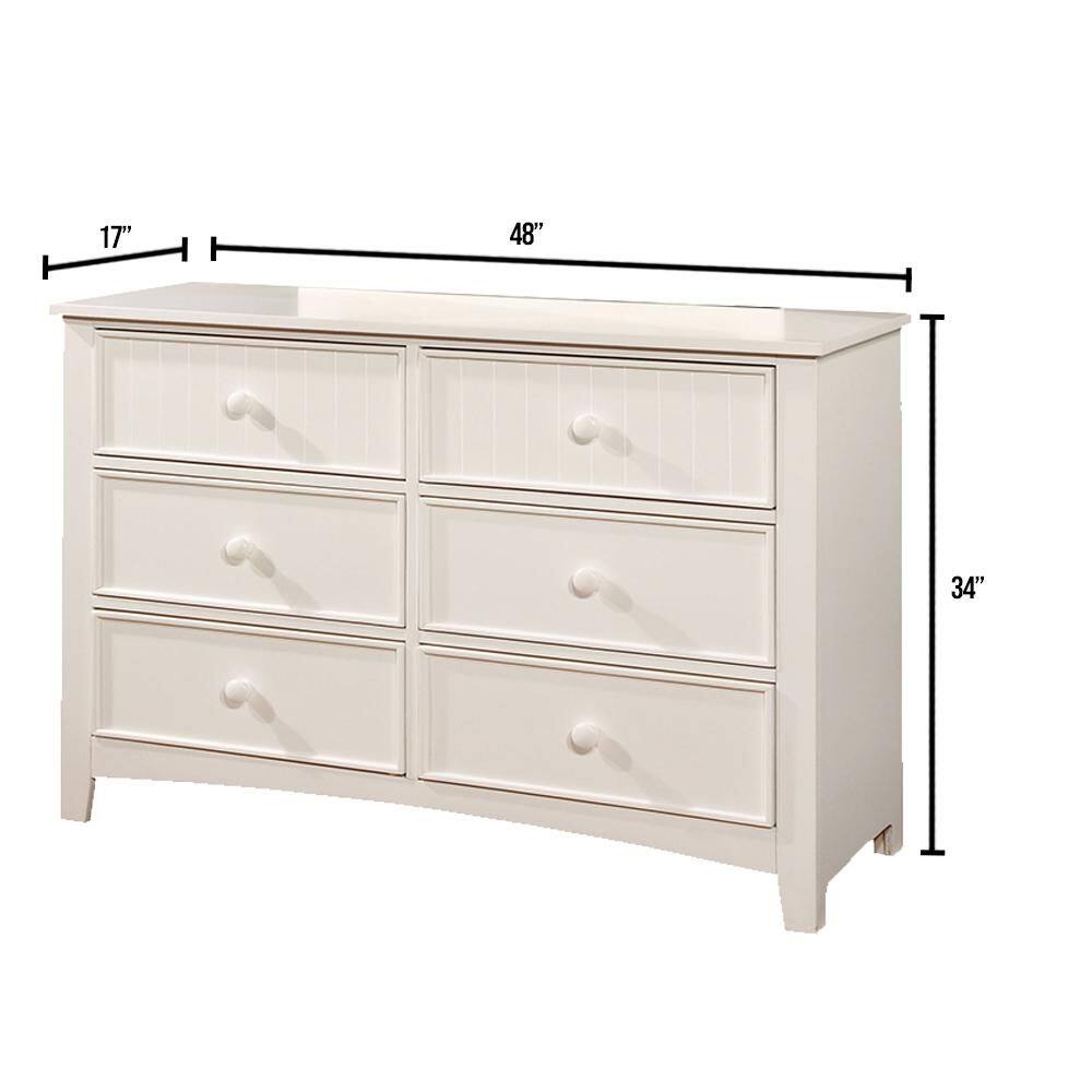 White 6-drawer dresser with dimensions 48 inches wide and 34 inches high.