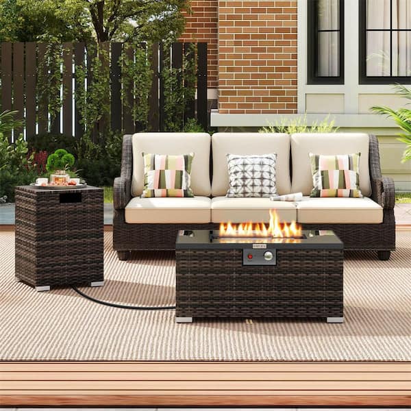 2-Piece Rectangle Metal Outdoor Rattan Fire Pit Table Set with Tank Cover Tempered Glass Tabletop Brown