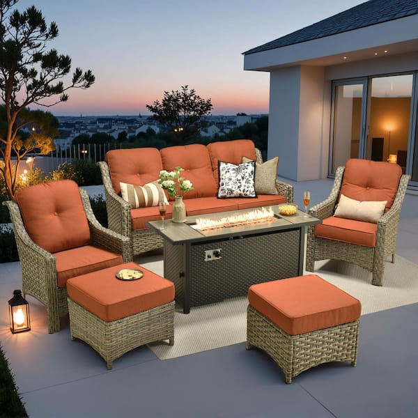 Eureka 6-Piece Wicker Outdoor Fire Pit Patio Conversation Sofa Seating Set with Red Cushions