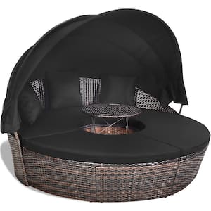 Brown 1-Piece Rattan Wicker Outdoor Patio Day Bed with Black Cushions
