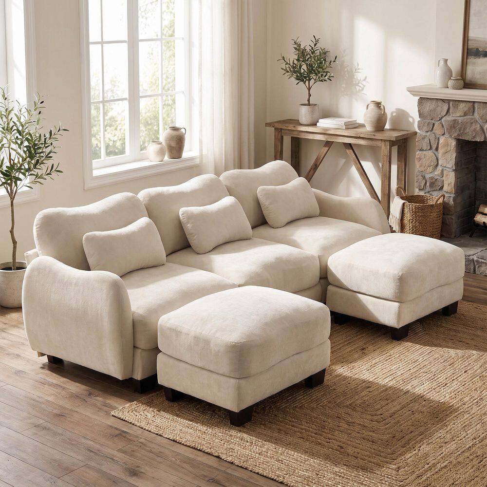 CAMVALE 101.1 in. Oversized Round Arm Chenille Modular 3-Seater Sectional Sofa with Dual Ottomans, in Ivory Beige