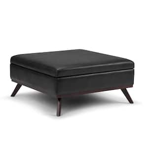 Owen 36 in. Wide Mid Century Modern Square Coffee Table Storage Ottoman in Distressed Black Vegan Faux Leather
