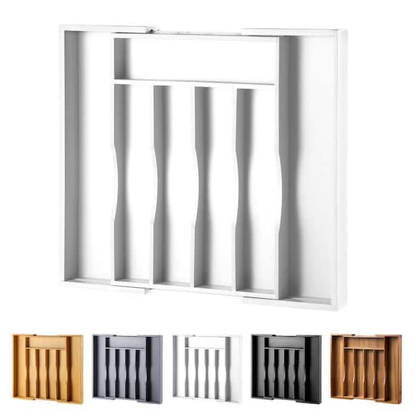 Expandable Bamboo Kitchen Drawer Organizer for Cutlery and Utensils, Adjustable Wood Cutlery Tray in Drawer, White