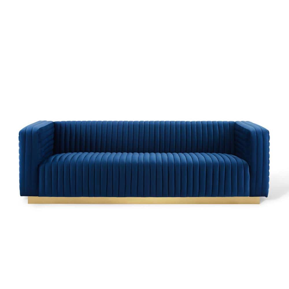 Navy Velvet Tufted Tuxedo Sofa with Gold Stainless Steel Base, 96.5"