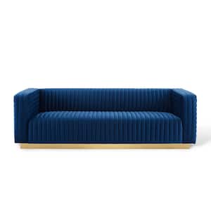 Charisma 36 in. Navy Channel Tufted Velvet 3-Seater Tuxedo Sofa with Square Arms