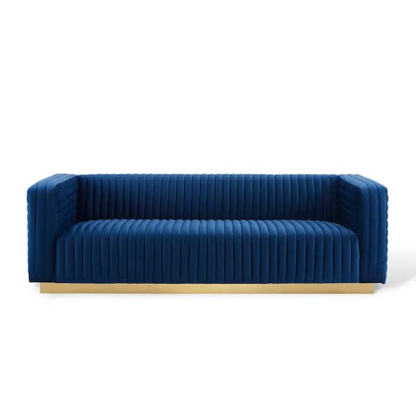 MODWAY Charisma 36 in. Navy Channel Tufted Velvet 3-Seater Tuxedo Sofa with Square Arms