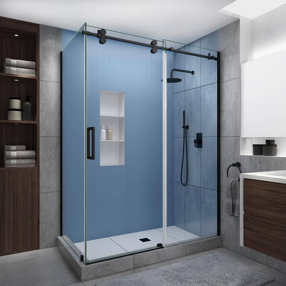 Langham XL Matte Black Frameless Sliding Shower Enclosure with Clear Glass