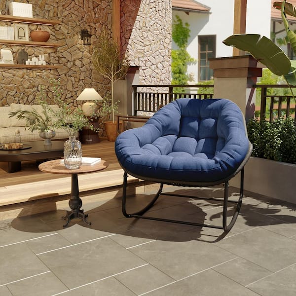 Cesicia Black Metal Outdoor Rocking Chair with Blue Cushion
