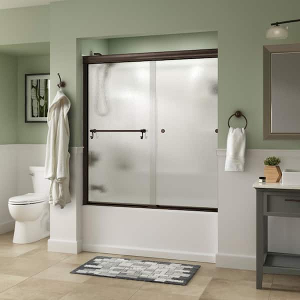 Portman 60 in. x 58-1/8 in. Semi-Frameless Traditional Sliding Bathtub Door in Bronze with Rain Glass Portman 60 in. x 58-1/8 in. Semi-Frameless Traditional Sliding Bathtub Door in Bronze with Rain Glass
