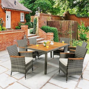 7-Piece Acacia Wood Outdoor Dining Set with Beige Soft Waterproof Cushion