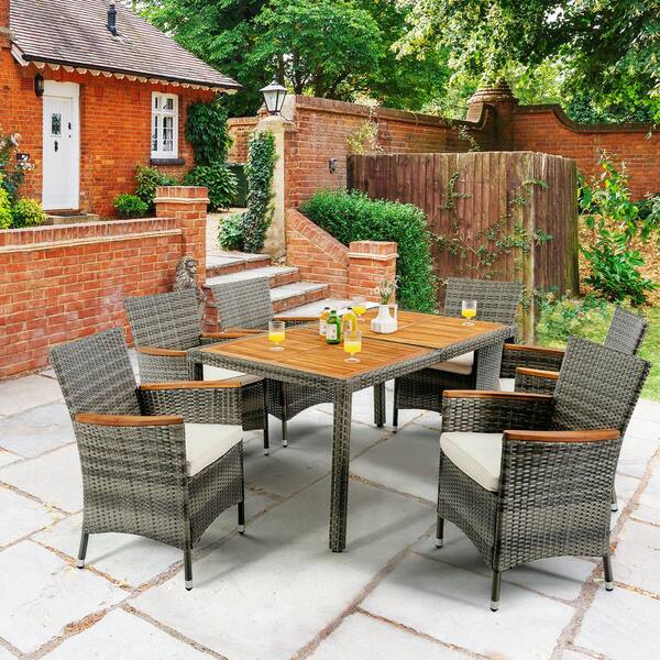 7-Piece Acacia Wood Outdoor Dining Set with Beige Soft Waterproof Cushion