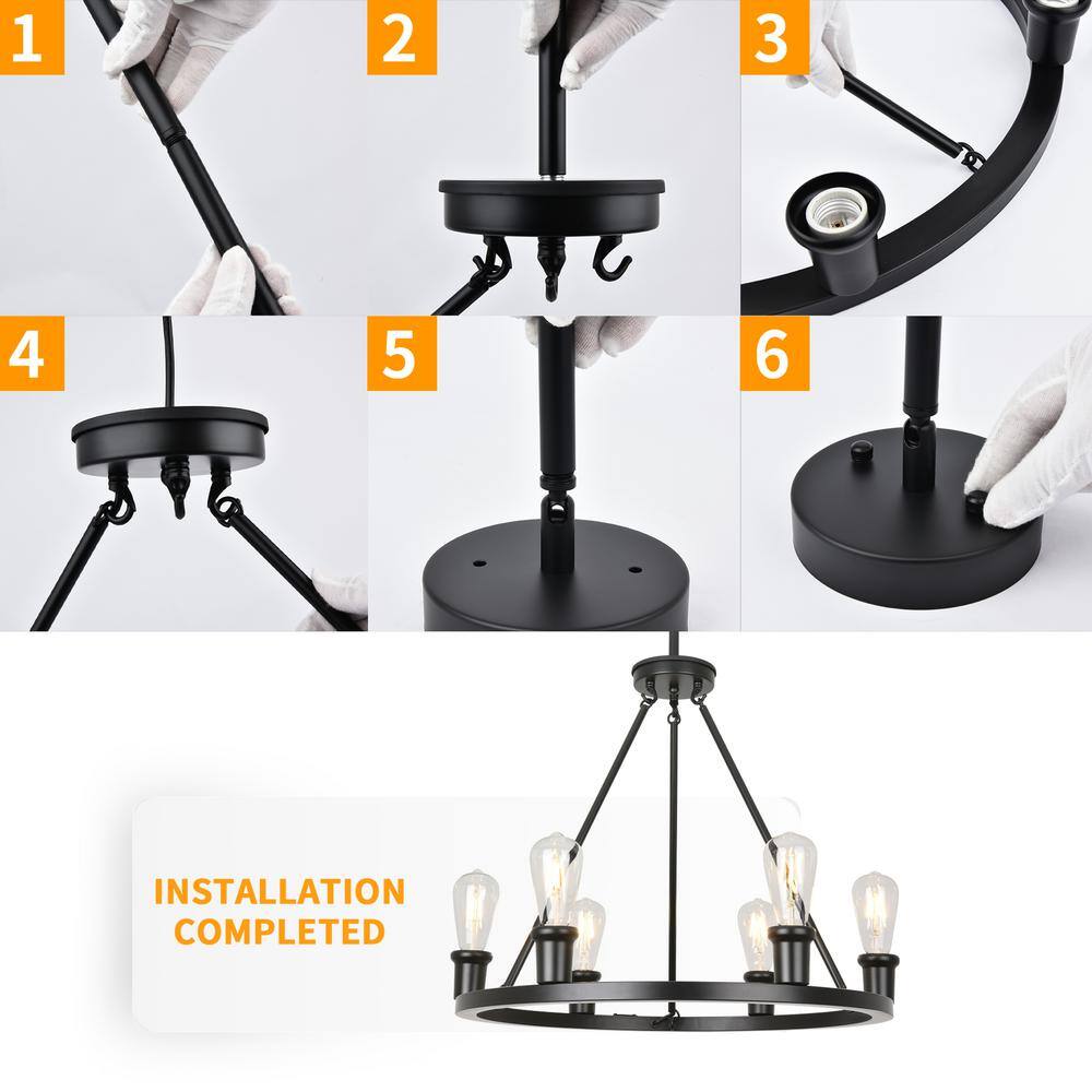 Matte Black Metal Wagon Wheel 6-Light Chandelier