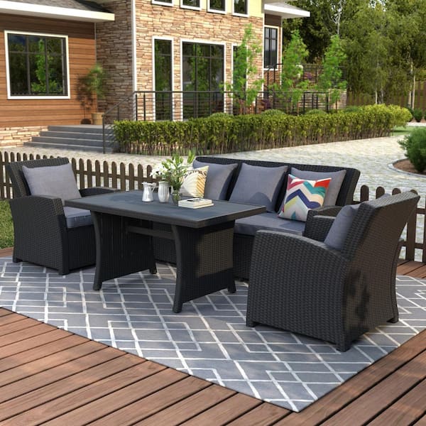 FORCLOVER Black 4-Piece Wicker Patio Conversation Set with Dark Gray Cushions and 2 Arm Chairs