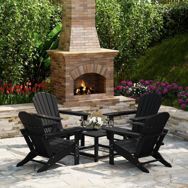 Altura Fade Resistant HDPE Plastic Black 5-Piece Adirondack Chair Outdoor Patio Conversation Set, Square Coffee Table