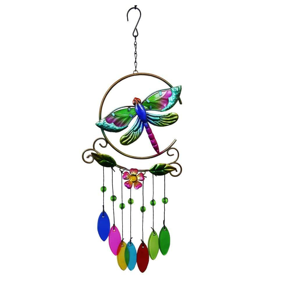 Mr. Garden 22 in. Dragonfly 7-Color Glass Crystal Pendant Wind Chime ...