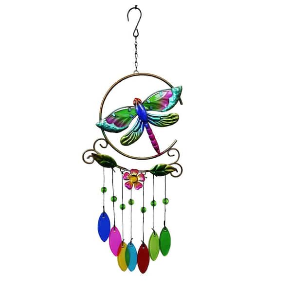 Mr. Garden 22 in. Dragonfly 7-Color Glass Crystal Pendant Wind Chime Metal Wind Chime