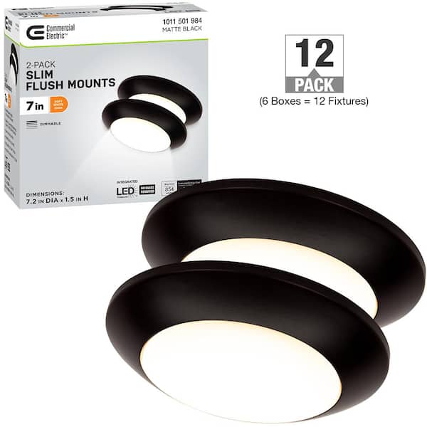 Commercial Electric 7.2 in. Matte Black Slim LED Flush Mount 854LM 12.5-Watt Soft White 3000K Bedroom Closet Kitchen Lighting (12-Pack)