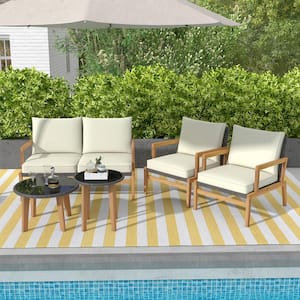 5-Piece Wicker Patio Conversation Set with Off White Cushions, 2 Tempered Glass Coffee Tables