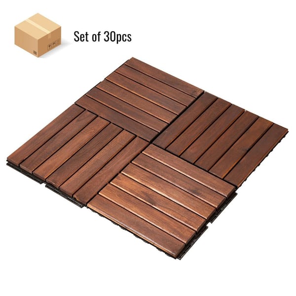 GOGEXX 12 in. x 12 in. Brown Striped Pattern Acacia Wood Interlocking Flooring Deck Tiles Square Outdoor Patio Pack of 30 Tiles